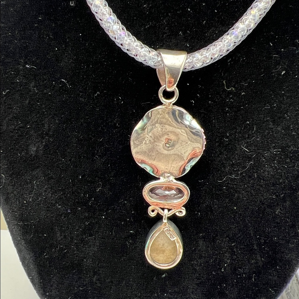 Elegant Drusy, Titanium & Rose Quartz Iridescent Crystal Mesh Tube Necklace NIB - Picture 7 of 17